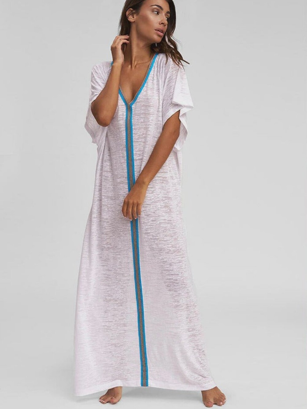 Pitusa White Maxi Caftan with Turquoise Center Trim